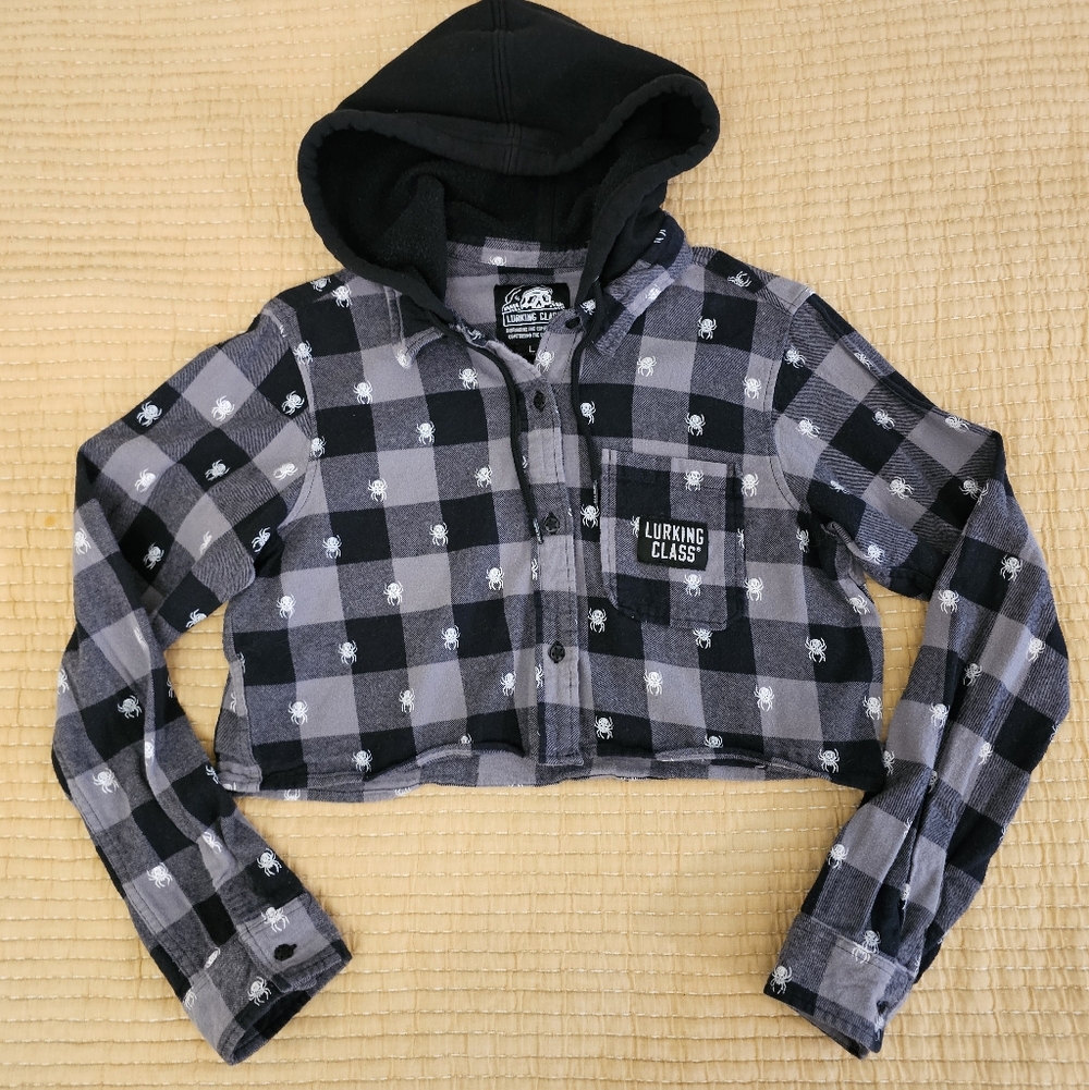 Lurking Class by Sketchy Tank Spider Black Crop Hooded Flannel Shirt Streetwear